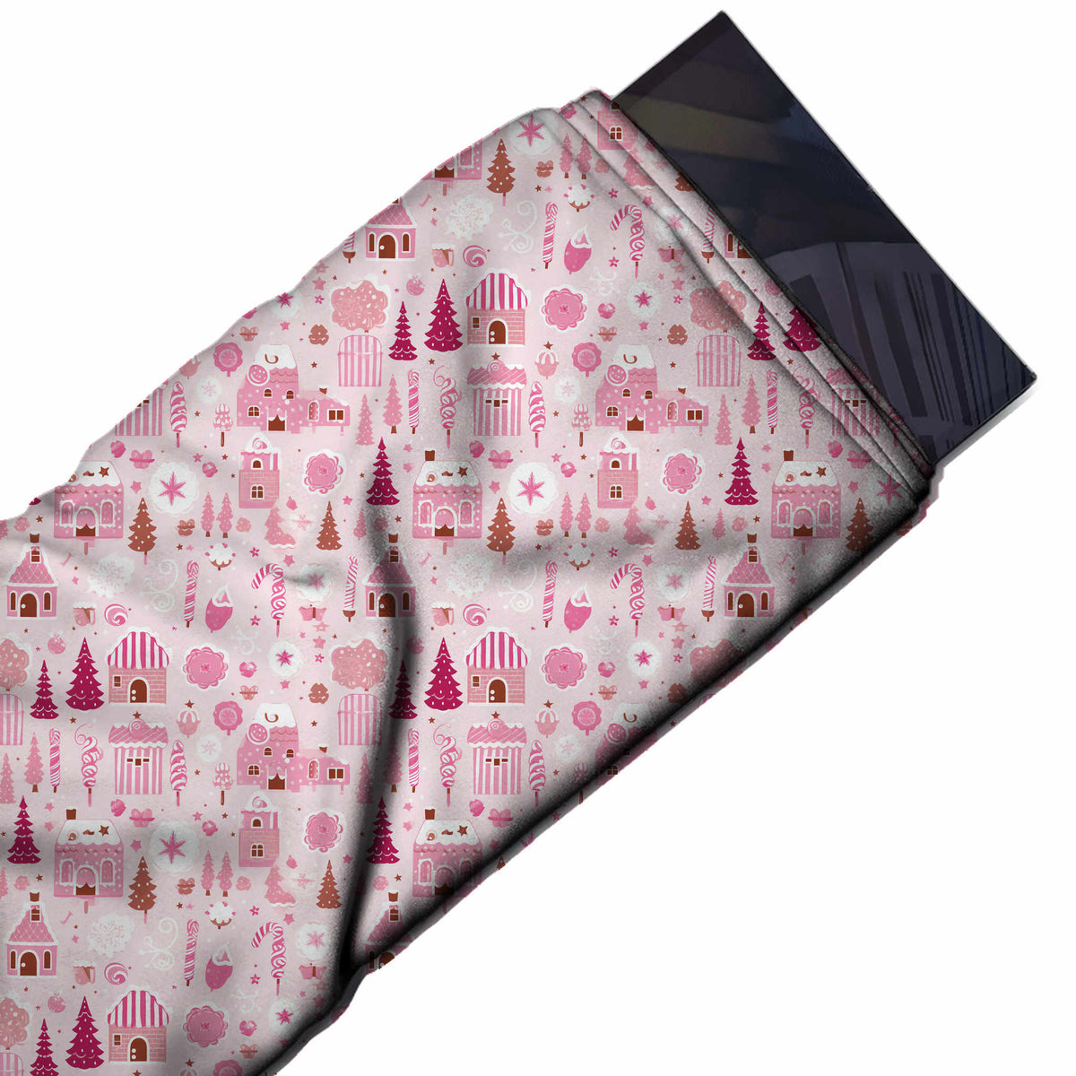 Flat fabric swatch: all-over one-way print of pink houses with candy-striped roofs, design Design No_4963, Clothwala