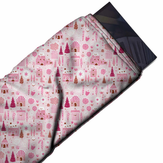 Flat fabric swatch: all-over one-way print of pink houses with candy-striped roofs, design Design No_4963, Clothwala