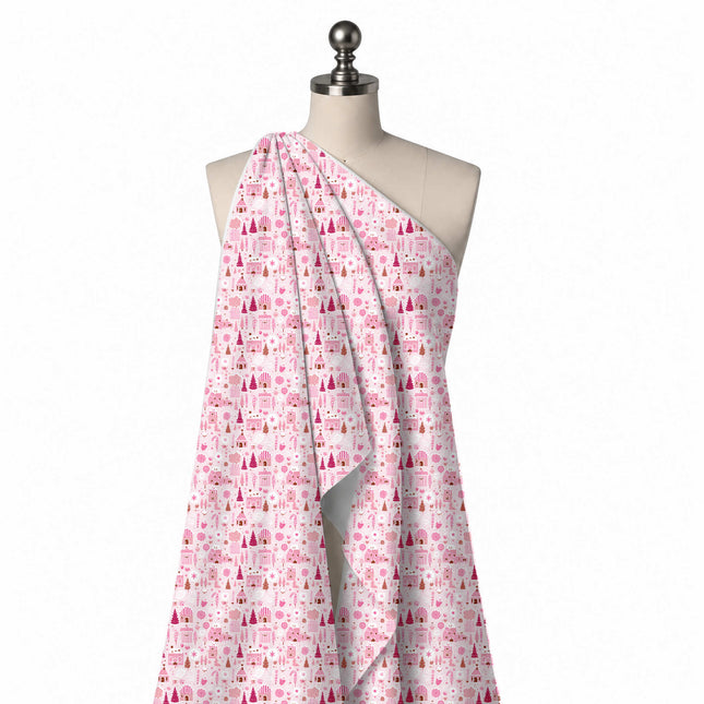 Draped on a mannequin: all-over one-way print of pink houses with candy-striped roofs, design Design No_4963, Clothwala