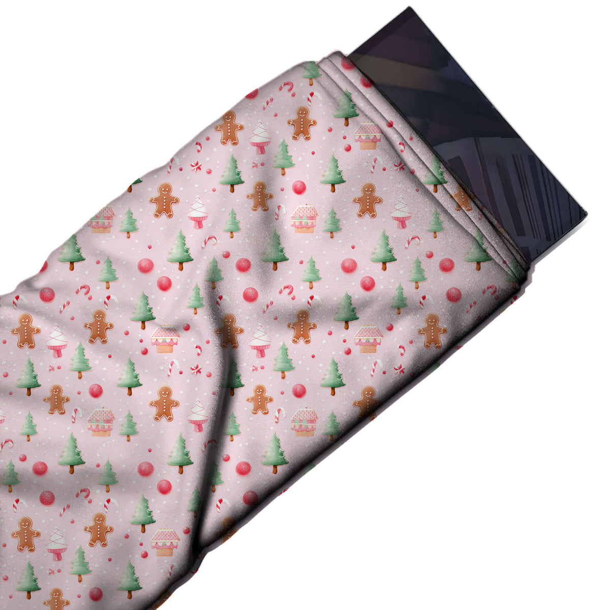 Flat fabric swatch: scattered one-way festive print of small sage green fir trees, design Design No_4894, Clothwala