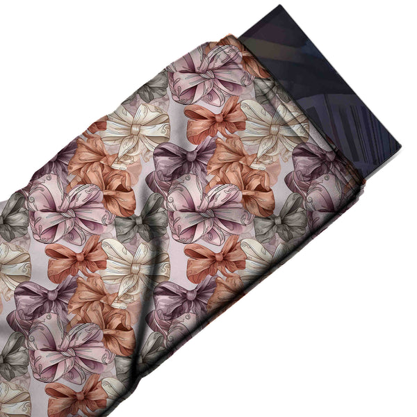 Pale Pink & Terracotta Stacked Scrollwork Bows Printed Pure Natural Crepe Fabric