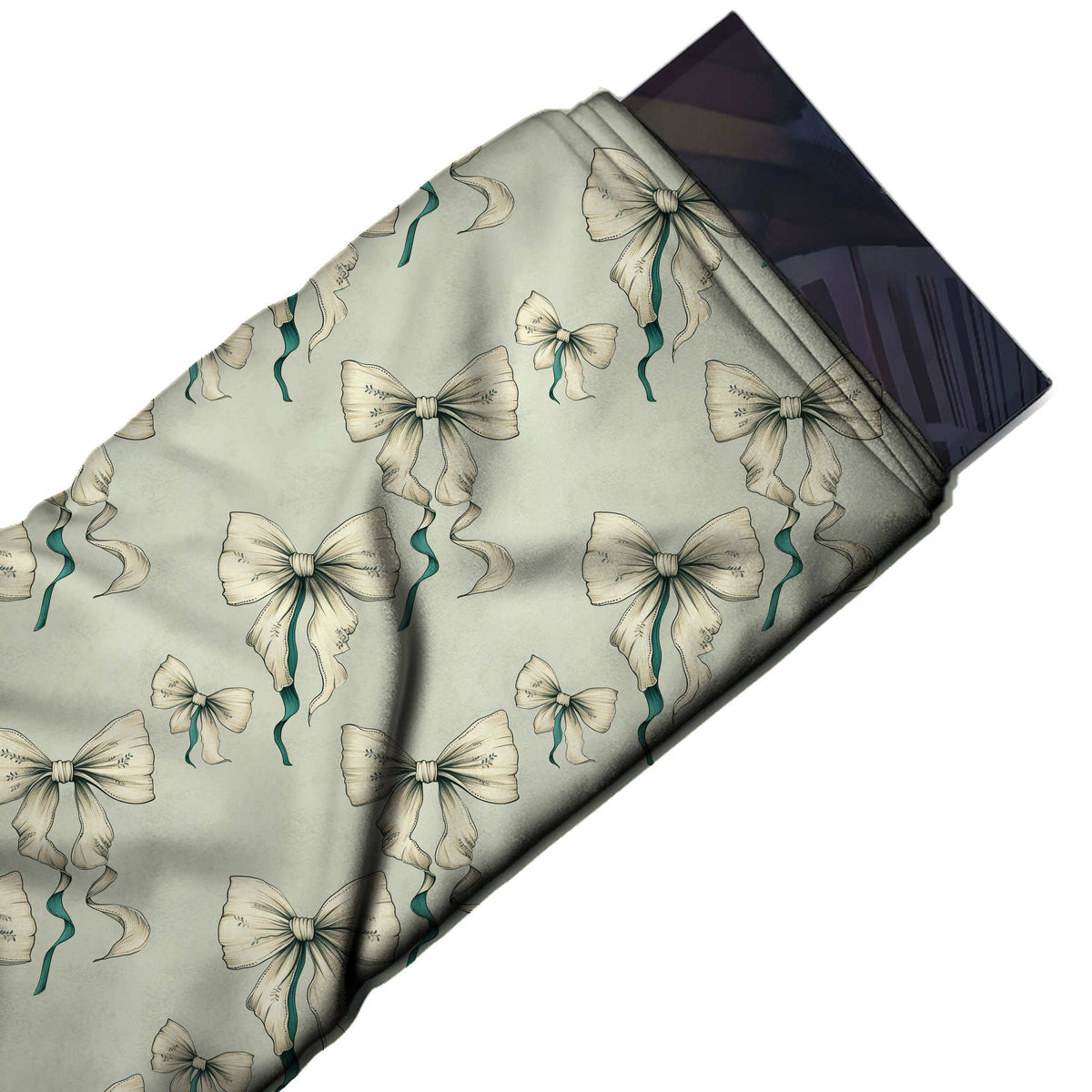 Flat fabric swatch: open one-way layout of medium cream bows with fine dark outline, design Design No_4434, Clothwala