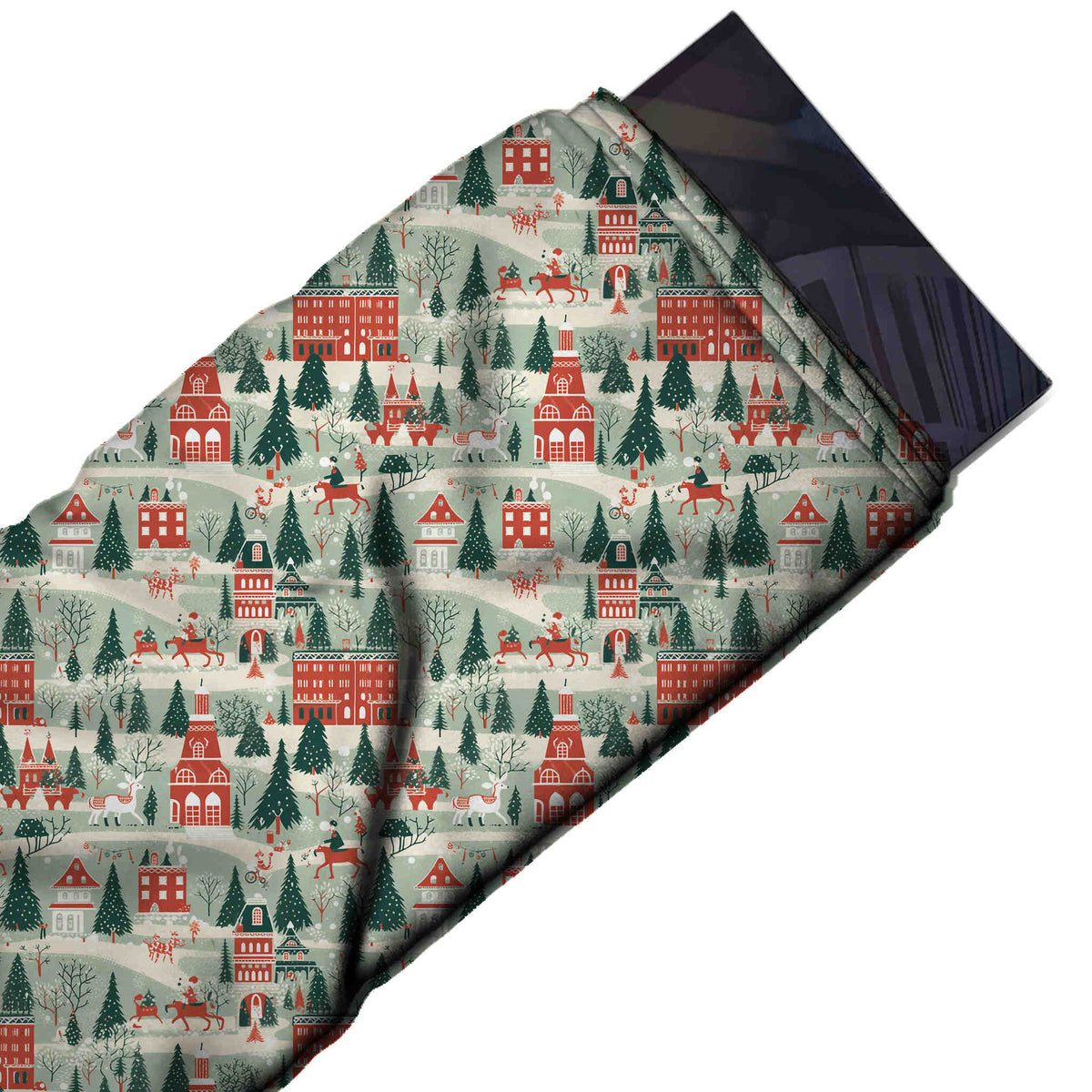Flat fabric swatch: dense one-way village scene of tall red townhouses and towers, design Design No_4756, Clothwala