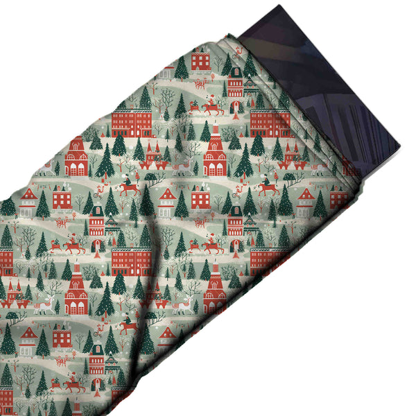 Pale Sage Green & Red Townhouses & Riders Printed Printed American Crepe Fabric Fabric