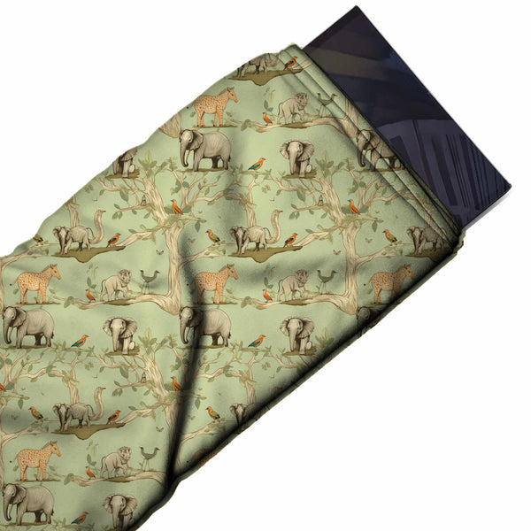 Pale Sage Green & Stone Grey Elephant & Branch Birds Printed Spandex Fabric