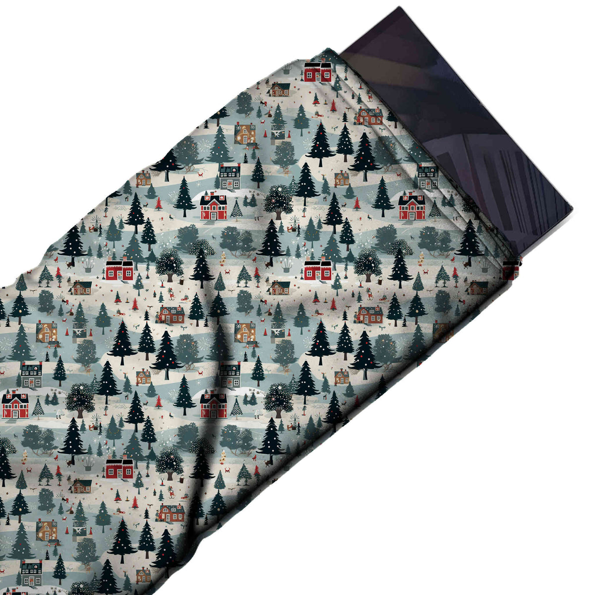 Flat fabric swatch: one-way all-over landscape of small dark green pine trees and, design Design No_4660, Clothwala