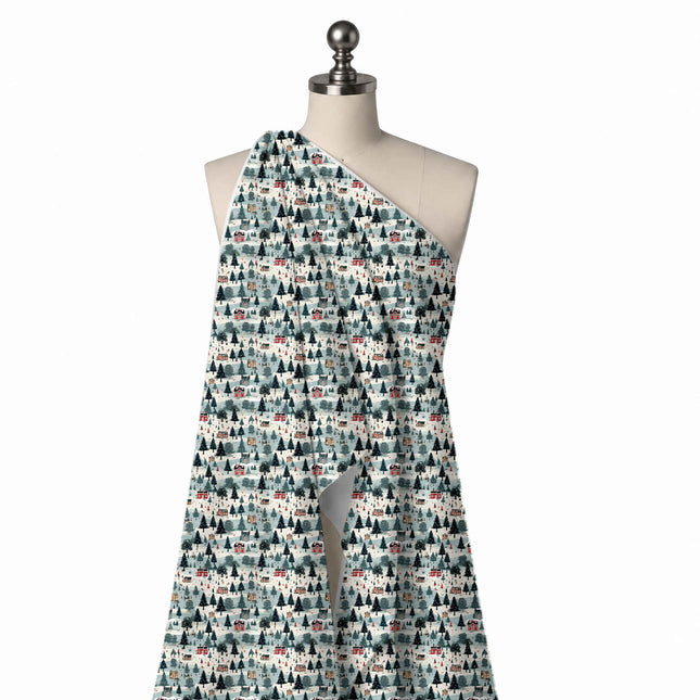 Draped on a mannequin: one-way all-over landscape of small dark green pine trees and, design Design No_4660, Clothwala
