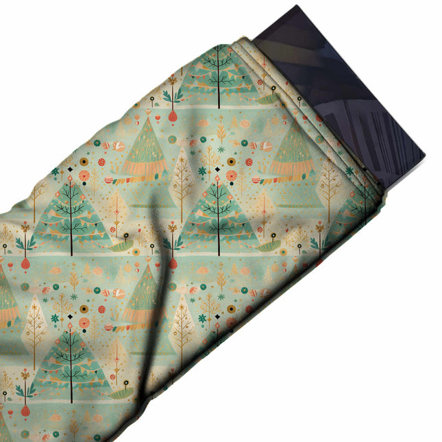 Flat fabric swatch: medium-to-large one-way print of mint green triangular Christmas trees, design Design No_4927, Clothwala