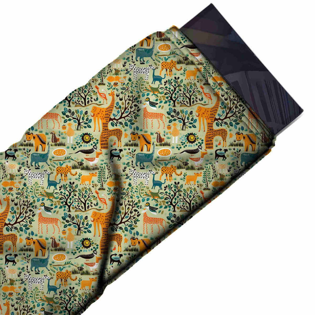 Flat fabric swatch: dense small-scale one-way folk-art print of orange giraffes, design Design No_3910, Clothwala