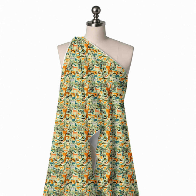 Draped on a mannequin: dense small-scale one-way folk-art print of orange giraffes, design Design No_3910, Clothwala