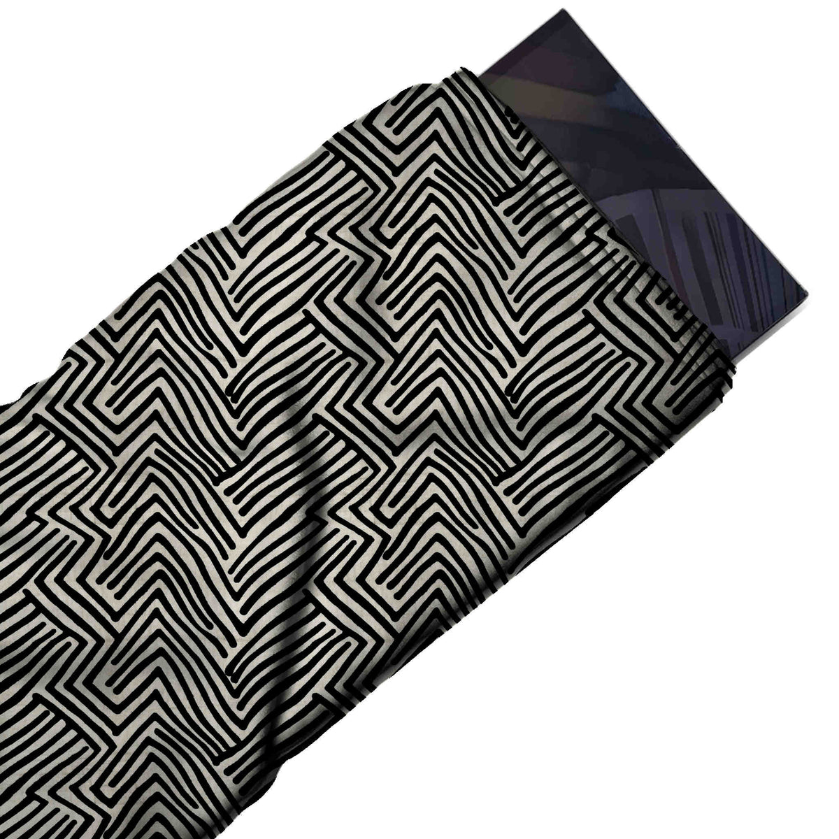 Flat fabric swatch: all-over geometric of closely packed black hand-drawn chevron lines, design Design No_4018, Clothwala