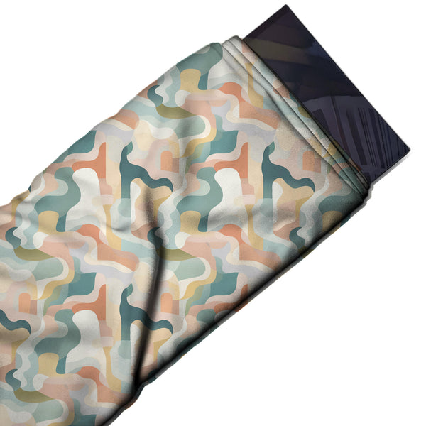 Pale Stone & Teal Wavy Puzzle Shapes Printed French Crepe Fabric