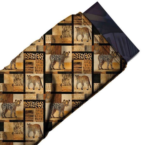 Pale Tan & Amber Safari Leopard Panels Printed Moss Crepe Fabric