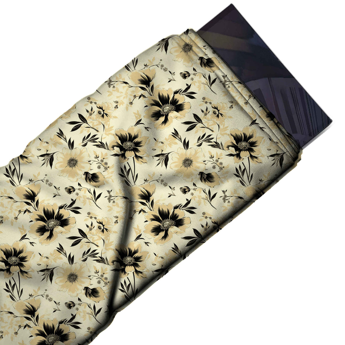Flat fabric swatch: tossed all-over floral of medium-scale cream daisy-like flowers with petals, design 3660, Clothwala