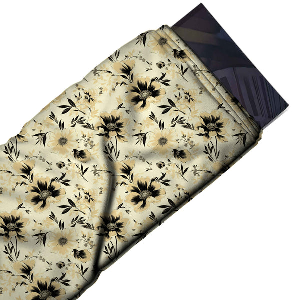Pale Yellow & Black Cream & Black Daisies Printed Armani Satin Fabric