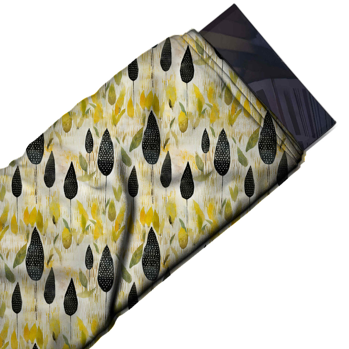 Flat fabric swatch: one-way layout of small black teardrop leaves with white pin dots on, design Design No_4103, Clothwala