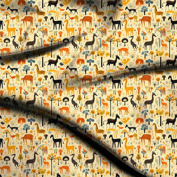 Pale Yellow Cream & Amber Orange Black Horse & Giraffe Printed Moss Crepe Fabric
