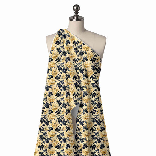 Pale Yellow Cream & Dark Navy Gold Chrysanthemum Vine Printed Moss Crepe Fabric