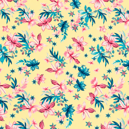 Pale Yellow & Hot Pink Tropical Floral Scatter Print Fabric — design 1429T-PBSRSM/DS-538, Clothwala