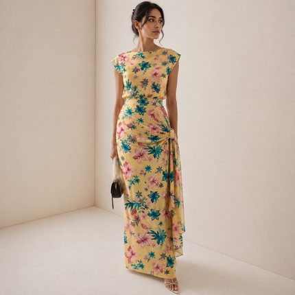 Pale Yellow & Hot Pink Tropical Floral Scatter Print Fabric — design 1429T-PBSRSM/DS-538, Clothwala