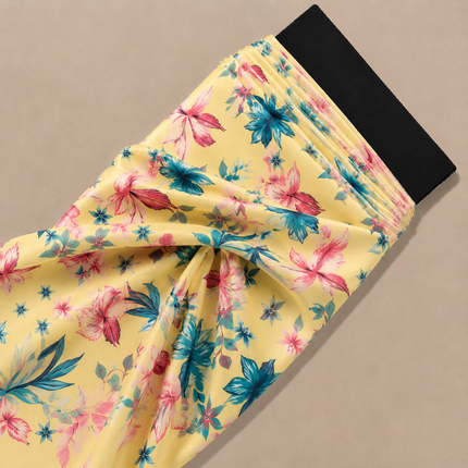 Pale Yellow & Hot Pink Tropical Floral Scatter Print Fabric — design 1429T-PBSRSM/DS-538, Clothwala