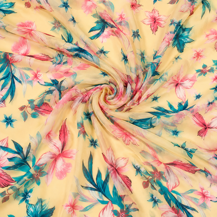 Pale Yellow & Hot Pink Tropical Floral Scatter Print Fabric — design 1429T-PBSRSM/DS-538, Clothwala