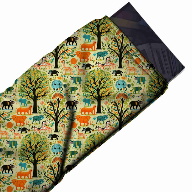 Flat fabric swatch: one-way folk-art print of round black-trunked trees with green and, design Design No_3909, Clothwala