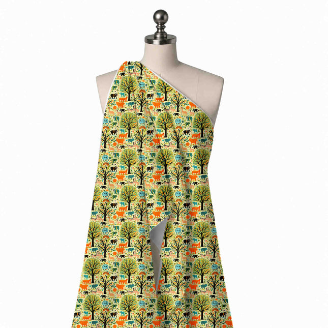 Draped on a mannequin: one-way folk-art print of round black-trunked trees with green and, design Design No_3909, Clothwala