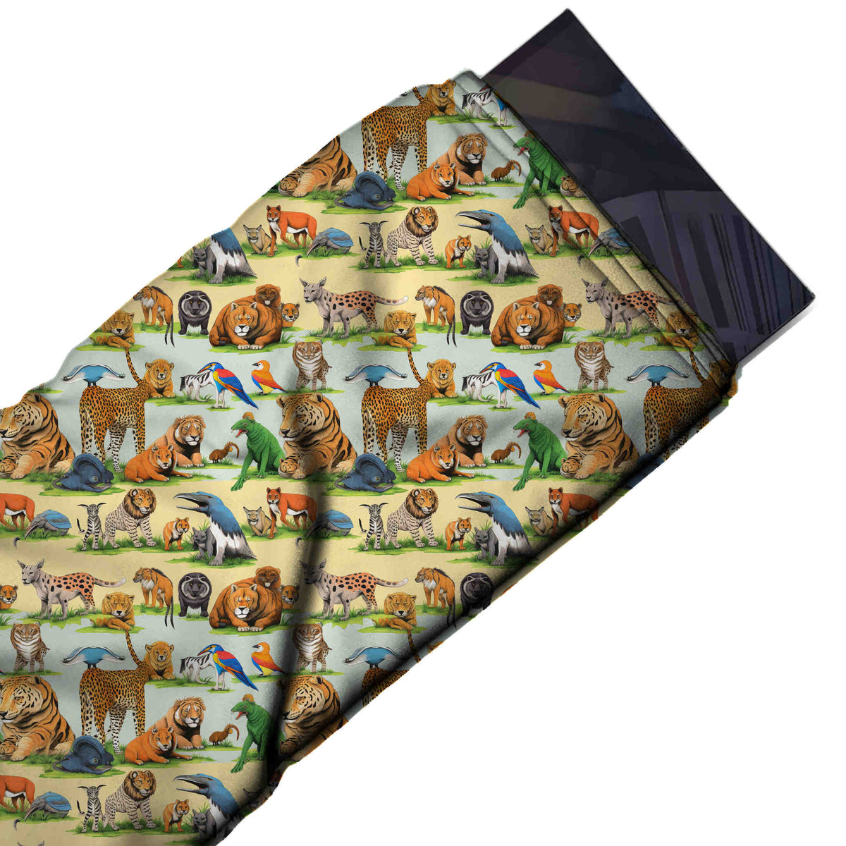 Flat fabric swatch: one-way print of shaded illustrated tigers, leopards, lions, bears, design Design No_3894, Clothwala