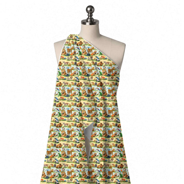 Draped on a mannequin: one-way print of shaded illustrated tigers, leopards, lions, bears, design Design No_3894, Clothwala
