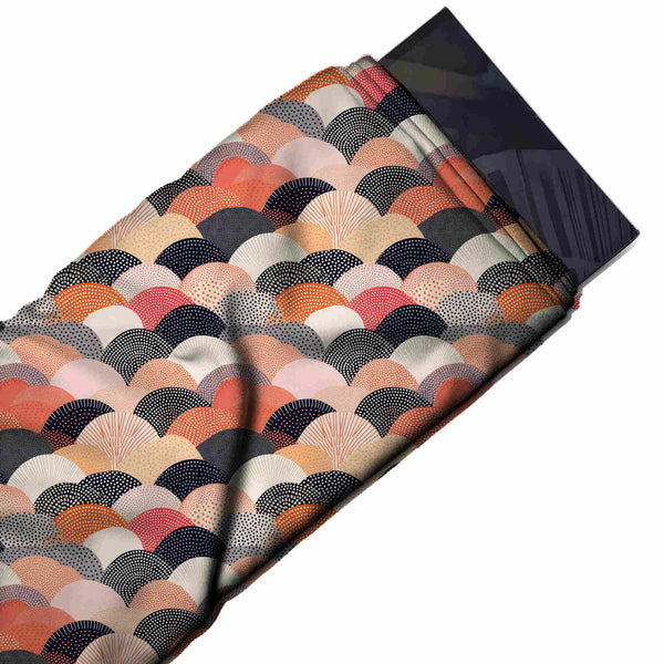Peach & Charcoal Navy Dotted Fan Scallops Printed French Crepe Fabric