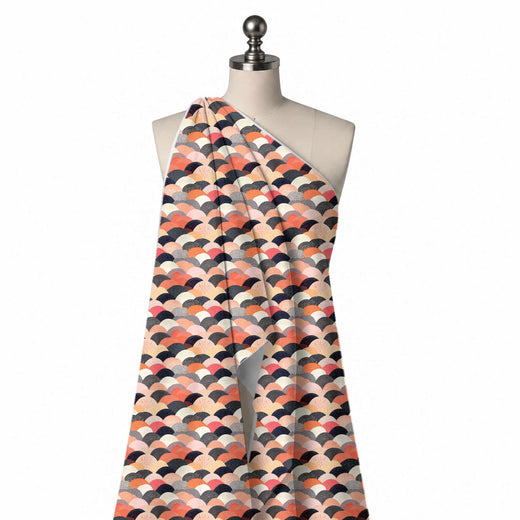 Peach & Charcoal Navy Dotted Fan Scallops Printed French Crepe Fabric