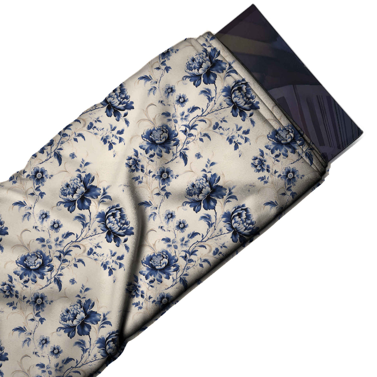 Flat fabric swatch: spaced all-over floral of medium-scale shaded navy peonies and small, design Design No_4561, Clothwala