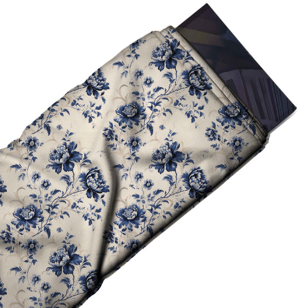 Peach Cream & Dark Navy Peony Trail Printed Pure Natural Crepe Fabric