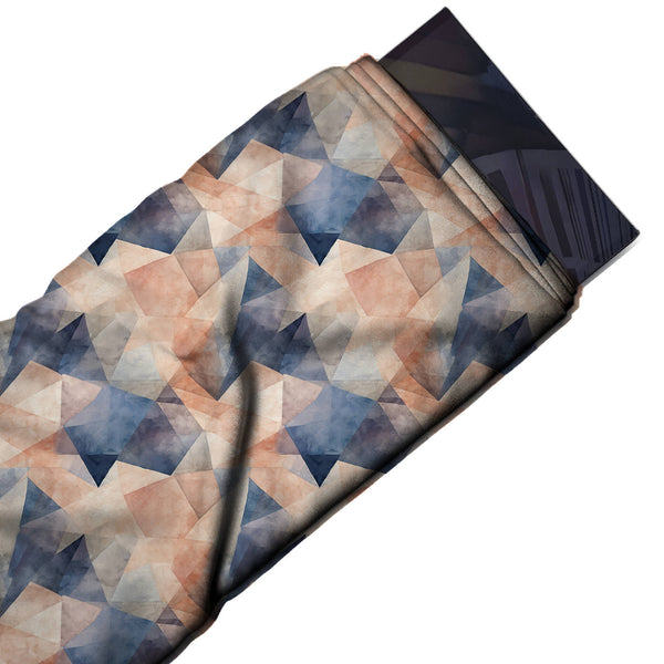 Peach & Denim Blue Washed Triangle Facets Printed Moss Crepe Fabric