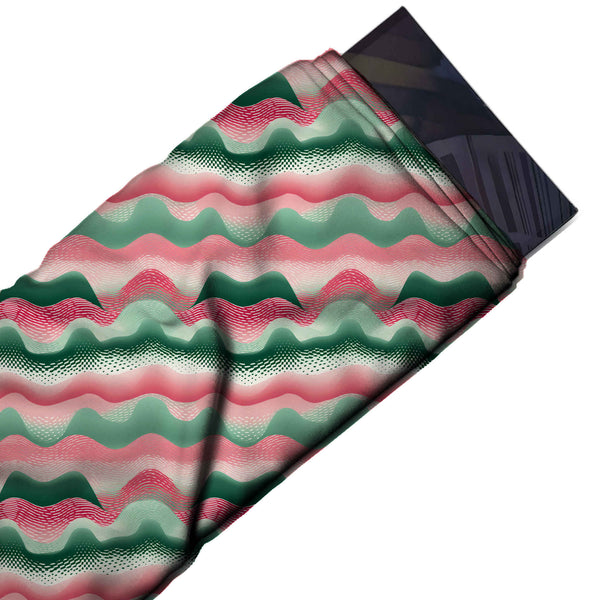Pink & Dark Green Halftone Wave Bands Printed Printed American Crepe Fabric Fabric