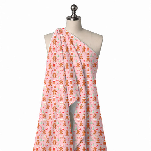 Pink & Gingerbread Brown Men & Candy Canes Printed Viscose Muslin Fabric