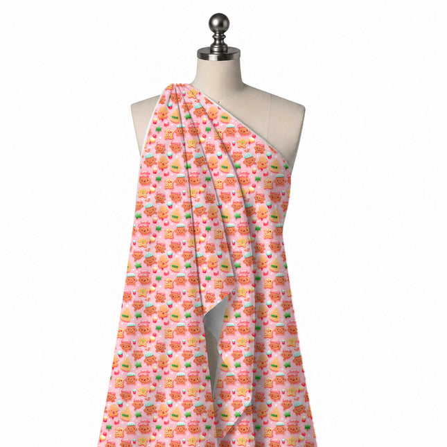 Draped on a mannequin: closely spaced all-over novelty print of glossy shaded gingerbread, design Design No_4895, Clothwala