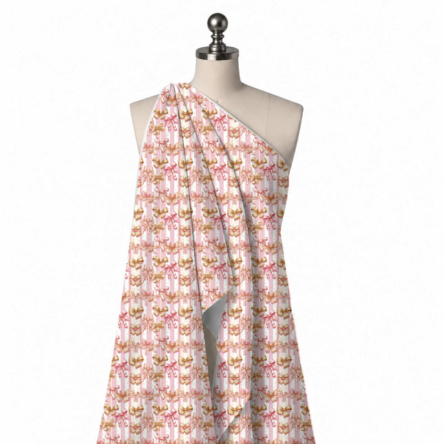 Draped on a mannequin: dense layout of shaded gold satin bows and pink bows tied to pink, design Design No_4870, Clothwala