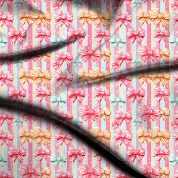 Pink & Hot Pink Pastel Bows On Stripes Printed Printed American Crepe Fabric Fabric