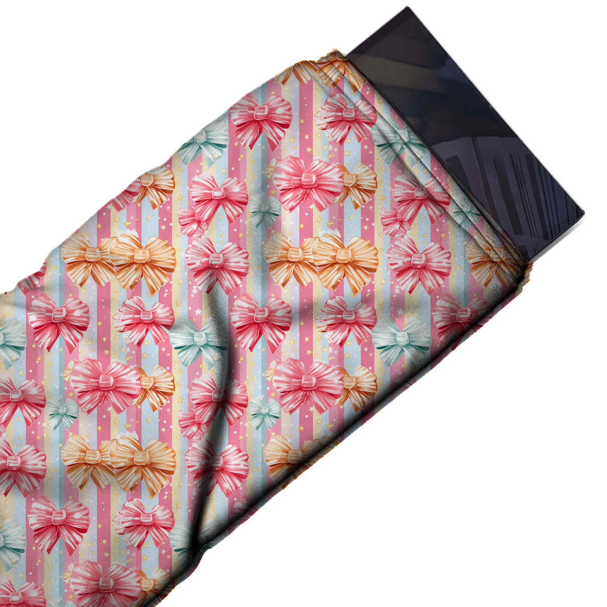 Flat fabric swatch: dense layout of striped ribbon bows in hot pink, design Design No_4880, Clothwala