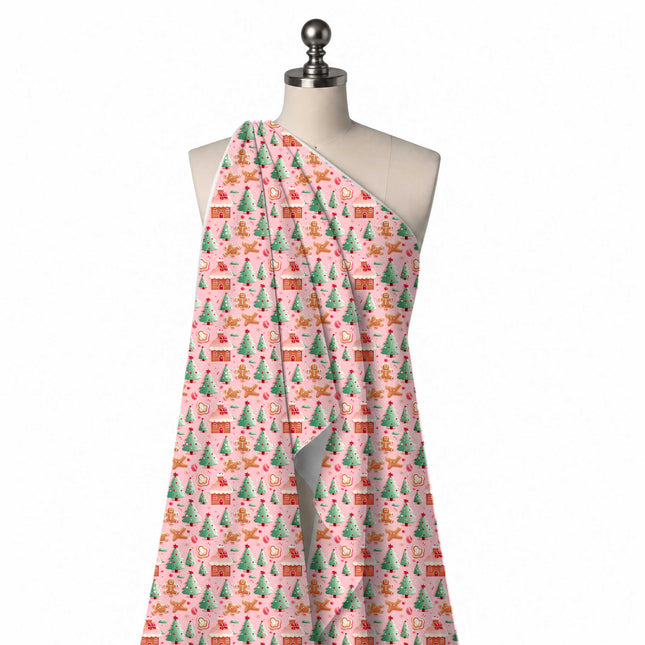 Draped on a mannequin: all-over one-way festive print of shaded mint green Christmas trees, design Design No_4901, Clothwala