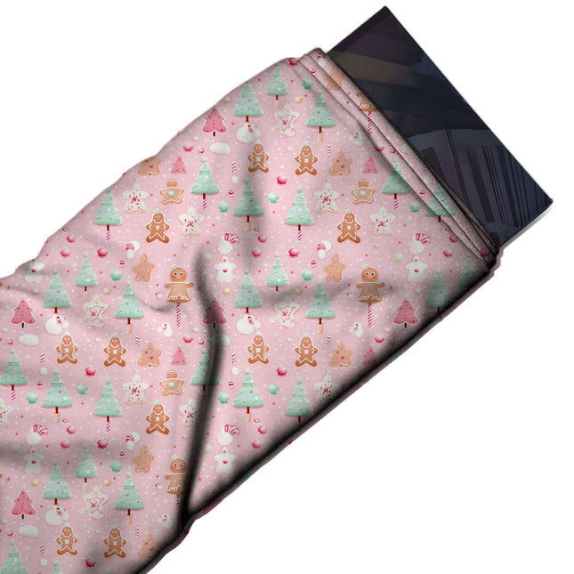 Flat fabric swatch: scattered all-over layout of small upright mint green and pink, design Design No_4886, Clothwala