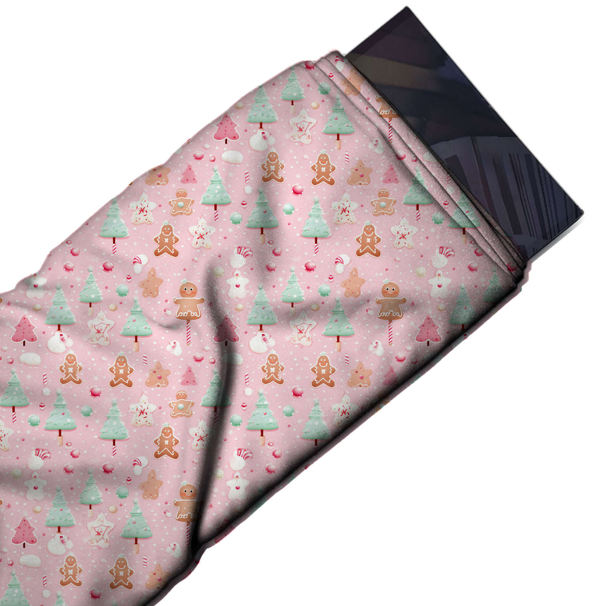 Flat fabric swatch: scattered all-over layout of small upright mint green and pink, design Design No_4886, Clothwala