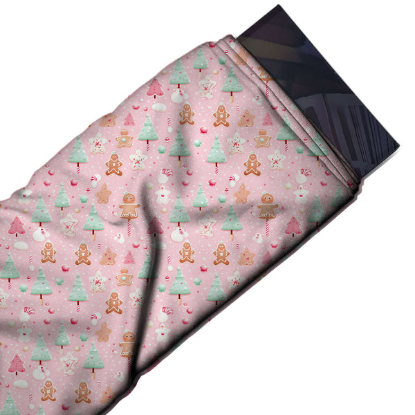 Pink & Mint Green Trees & Gingerbread Printed Printed American Crepe Fabric Fabric