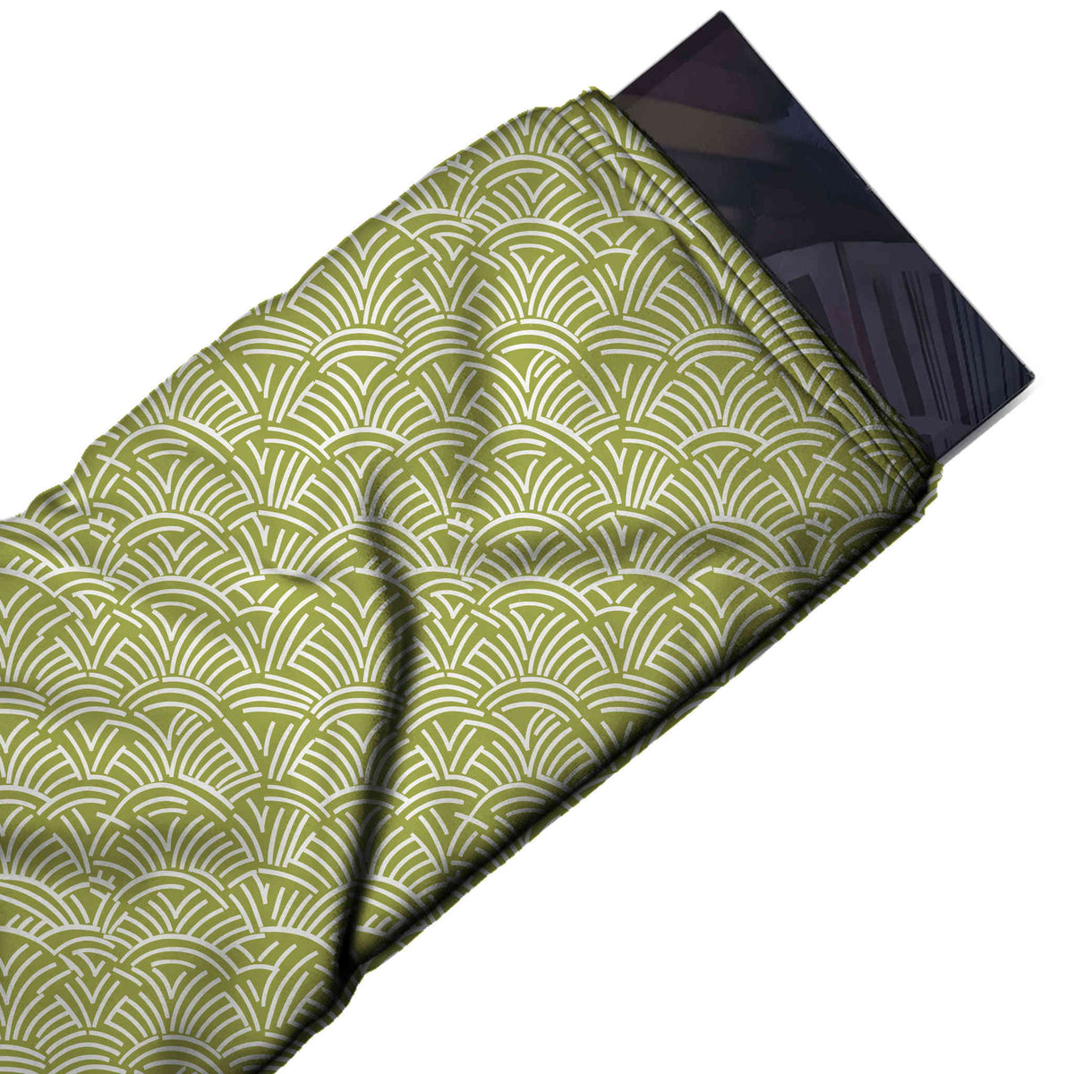 Flat fabric swatch: two-colour all-over scallop print of white hand-drawn concentric arcs, design Design No_4180, Clothwala