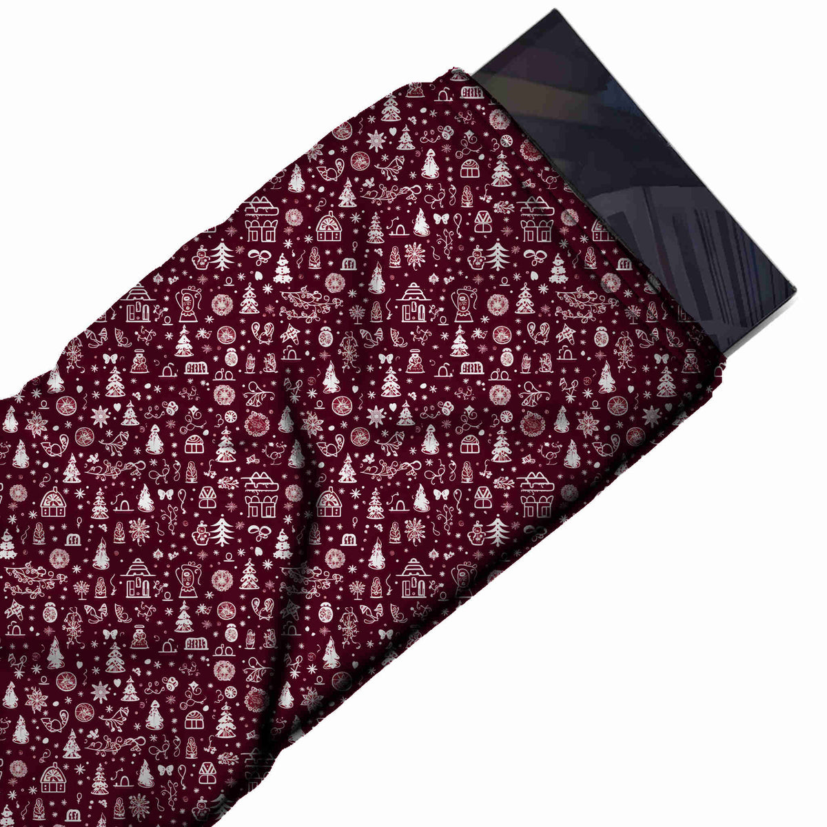 Flat fabric swatch: dense ditsy-scale festive print of white fir trees and pink outline, design Design No_4609, Clothwala