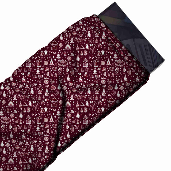 Plum Burgundy & White Tiny Trees & Baubles Printed Pure Natural Crepe Fabric