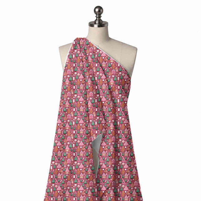 Draped on a mannequin: densely packed one-way festive print of small green fir trees, design Design No_4891, Clothwala