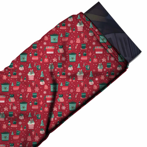 Raspberry Red & Teal Green Festive Pots & Cupcakes Printed American Crepe Fabric
